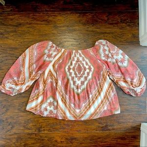 Alice Blue Geometric Orange, Cream Off Shoulder Crinkle Paisley L Blouse Top